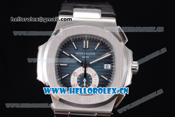 Patek Philippe Nautilus Clone PP 315 Automatic Steel Case with Blue Dial Stick/Arabic Numeral Markers and Black Leather Strap (BP) - Click Image to Close